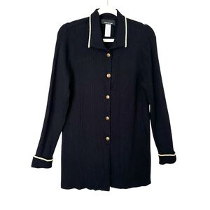 JONES New York Black Gold Trim Cable Knit Cardigan Jacket XL Classic‎ Chic